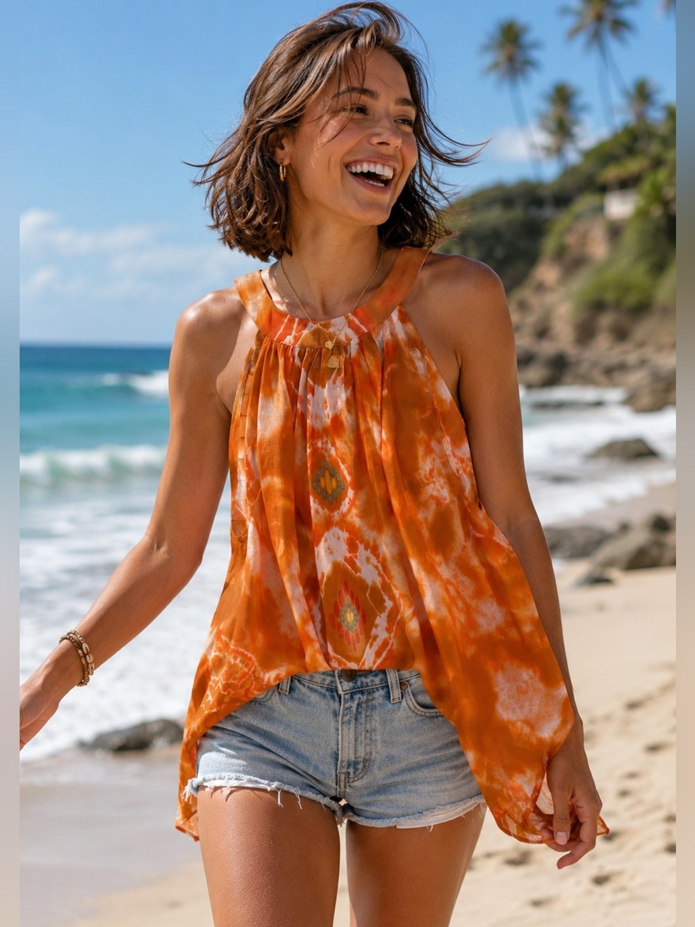 Unique Spectrum Orange Tie-Dye Sheer Halter Top Size 1X